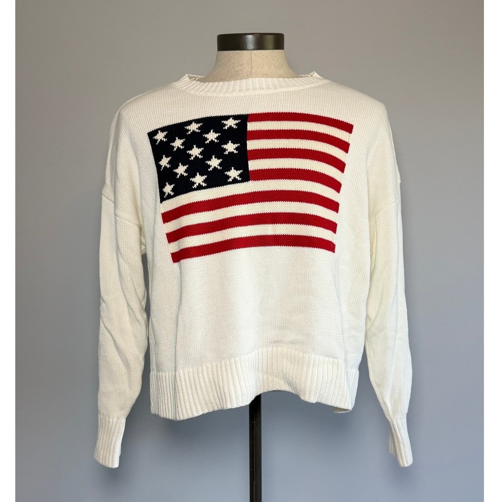Old Navy Womens XL American Flag Cotton Knit Sweater Magnolia White S/400598-00